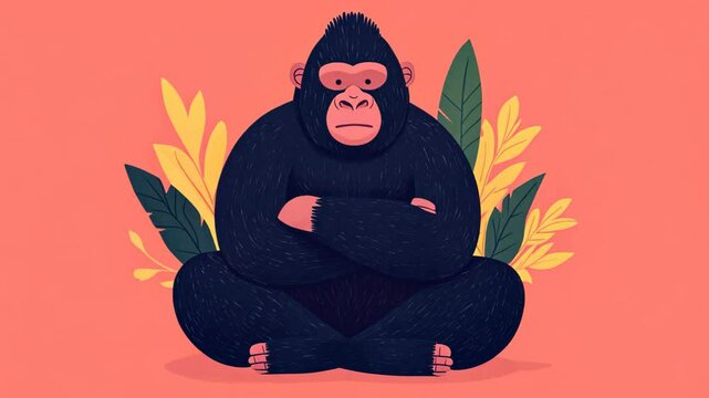 Gorilla Sitting with Arms Crossed in Jungle Set Against Colorful Background with Tropical Leaves Illustration for Wall Art and Decor