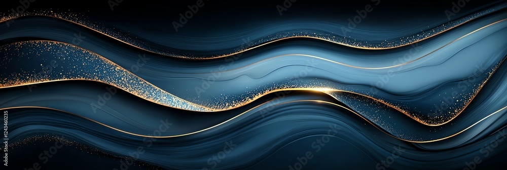 Poster a mesmerizing abstract design featuring fluid waves of blue and gold. this image conveys elegance an