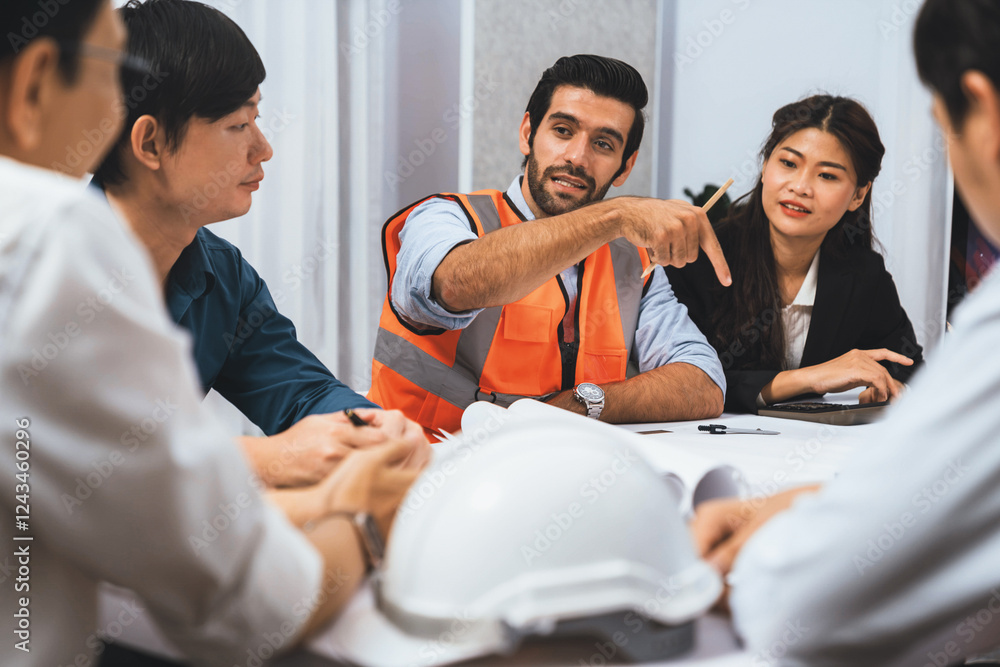 Poster Diverse group of civil engineer and client working together on architectural project, reviewing construction plan and building blueprint at meeting table. Prudent