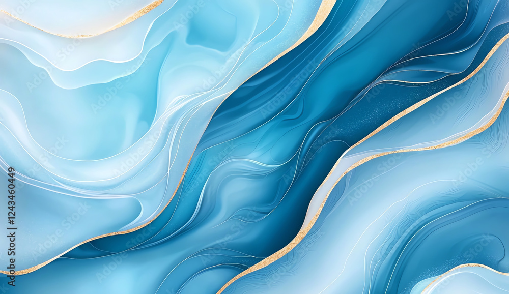 Poster a mesmerizing abstract wave pattern showcasing gradients of blue and white, accented with gold lines