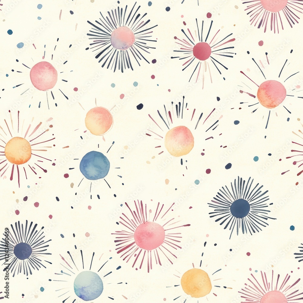 Poster colorful watercolor doodle pattern featuring vibrant sun-like shapes and playful dots in a whimsical