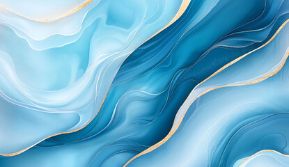 Obraz premium A mesmerizing abstract wave pattern showcasing gradients of blue and white, accented with gold lines, perfect for backgrounds or artistic projects that evoke tranquility and depth.