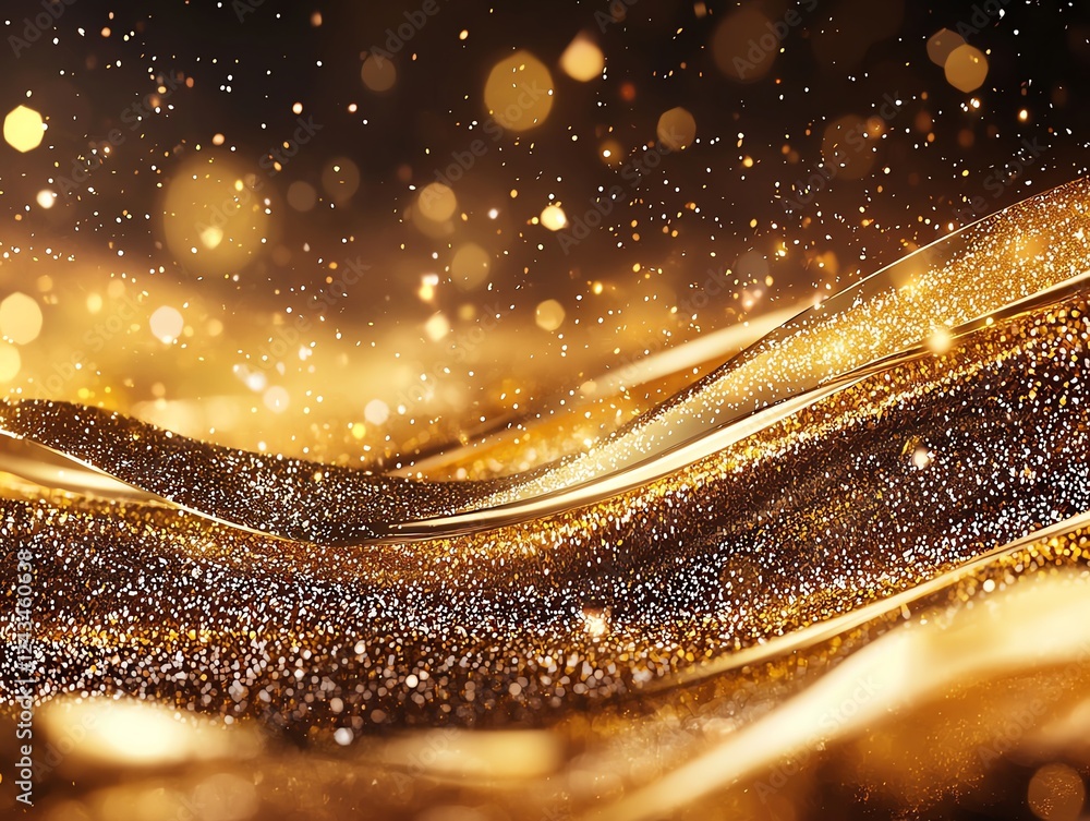 Poster a mesmerizing close-up of shimmering golden waves, sprinkled with sparkling particles. this image ex