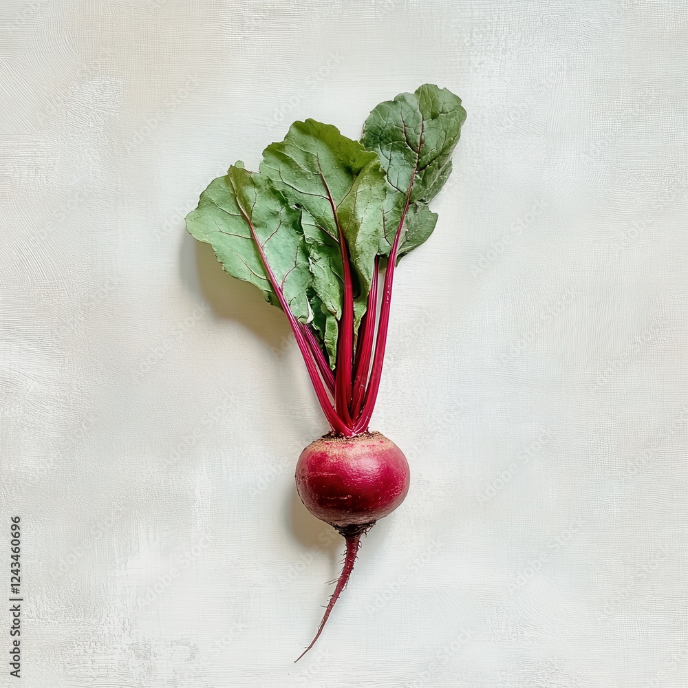 Poster fresh red beet with green leaves lying flat against light background in natural setting
