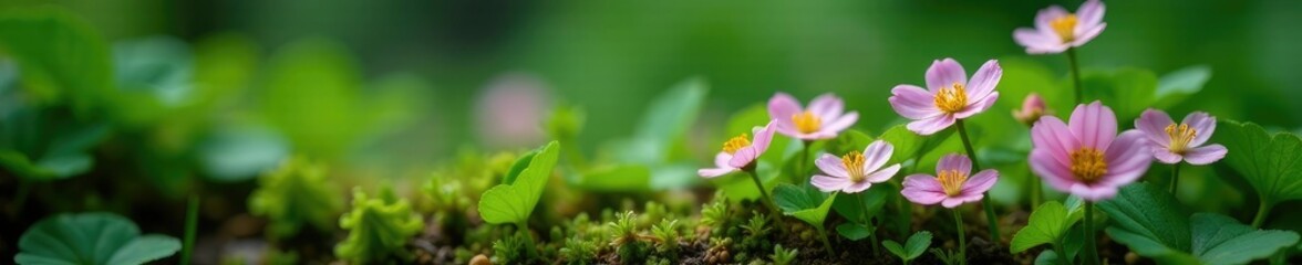 Delicate petals of tiny wildflowers amidst dense forest foliage, nature, forest floor