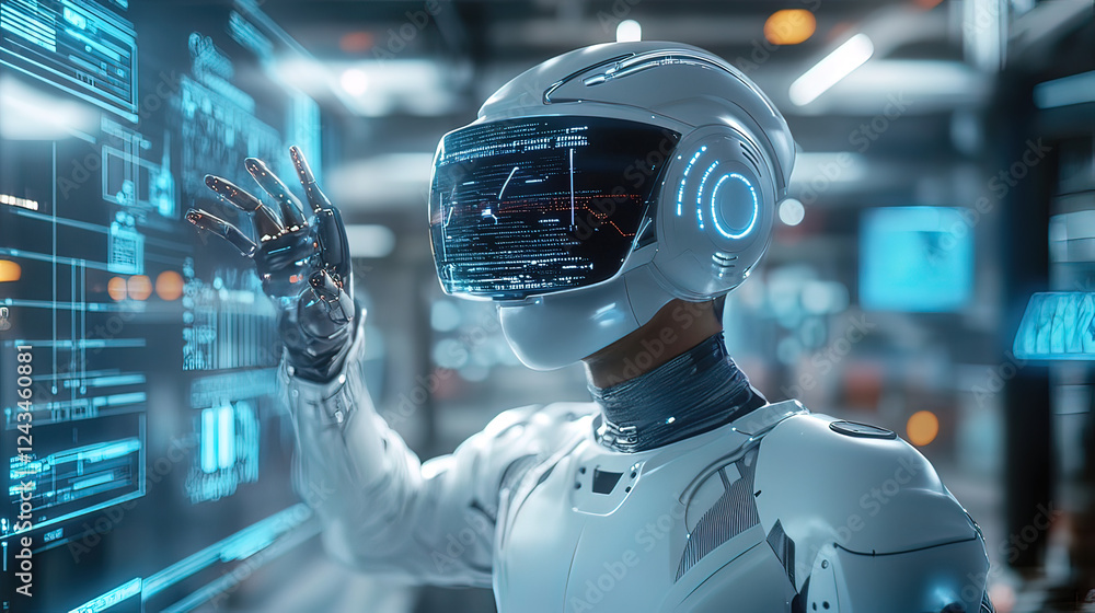 Poster futuristic robot interacts with technological interface in high-tech environment