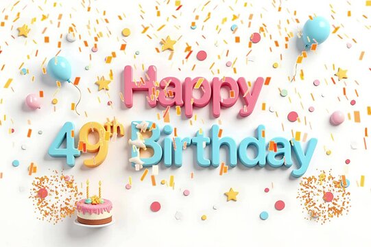 Animated 3D Happy 49th Birthday background video in pastel theme with floating balloons, lit candles, fireworks, and confetti shower
