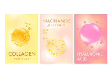 Abstract beauty cosmetic poster set with hyaluronic acid, collagen, niacinamide serum molecular spheres banner. Nude pink, light yellow cosmetology advertisement. Aesthetic premium cosmetic texture