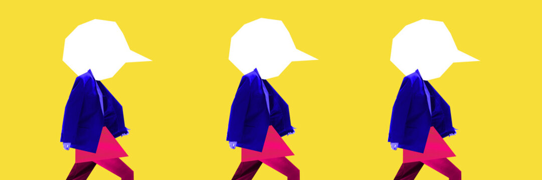No identity. Repeated digital figures with speech bubbles for heads repeating. Potential for lost identity and deindividuation in social media and digital communication. Banner.