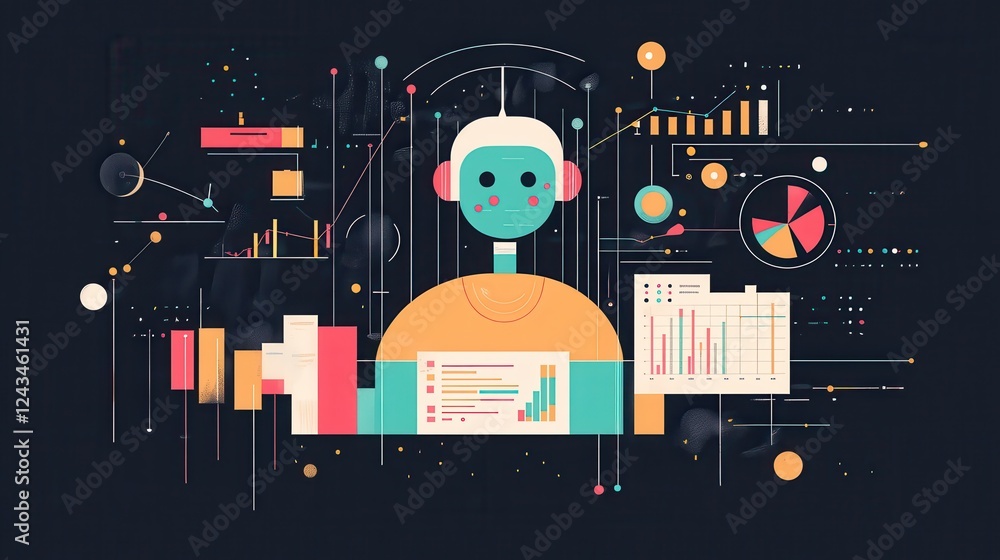 Poster creative representation showcasing a robotic advisor analyzing data and metrics in a futuristic sett