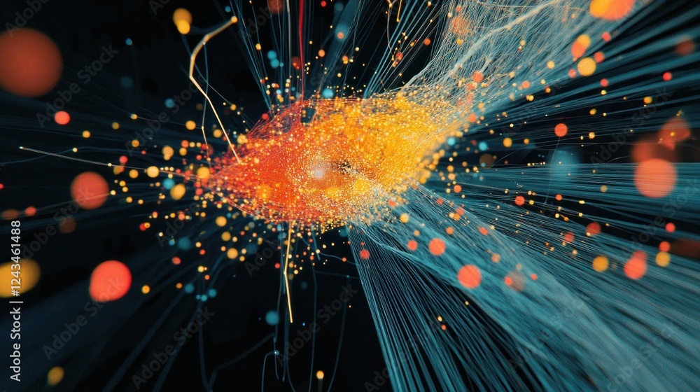 Poster abstract network data visualization: glowing filaments and nodes
