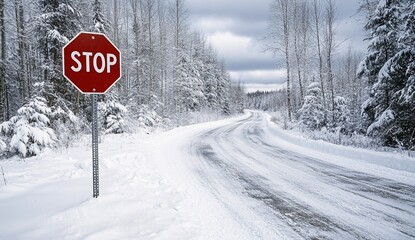 A stop sign stands prominently beside a snow-blanketed road, surrounded by frosted trees in a quiet winter setting at dawn. The serene atmosphere conveys a sense of stillness.