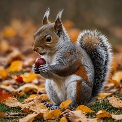 Obraz premium A charming squirrel nibbling on a nut amid vivid autumn hues, isolated on a pure white background.