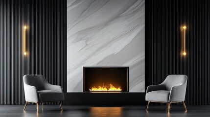 A modern interior featuring elegant gray chairs flanking a stylish fireplace