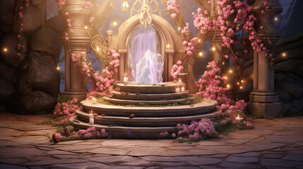 Fototapeta premium Mystical Stone Ruins with Glowing Portal and Pink Blossoms