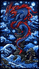 Obraz premium A vibrant dragon coils around a pagoda under a starry night sky, surrounded by waves and mountains, blending fantasy with traditional Asian elements.