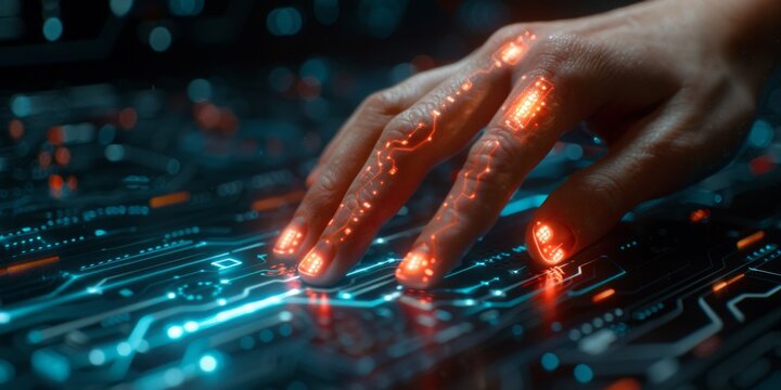 Cybernetic hand with glowing interacting with a futuristic digital interface, symbolizing advanced technology - Powered by Adobe