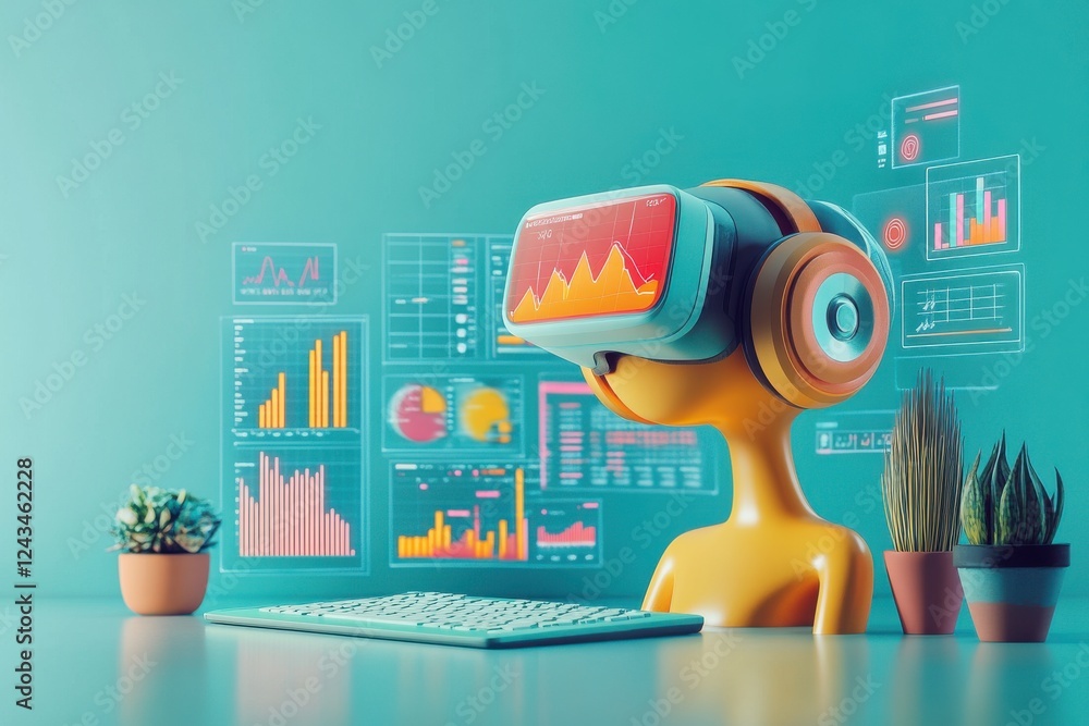 Aufkleber a stylized character wearing a vr headset interacts with digital data visualizations, surrounded by 
