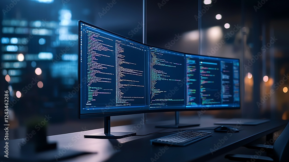 Poster a modern workspace with curved monitors displaying code in a dimly lit office setting. ideal for tec