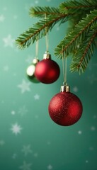 Red and green glittery ornaments hanging from branch, hangings, ornaments