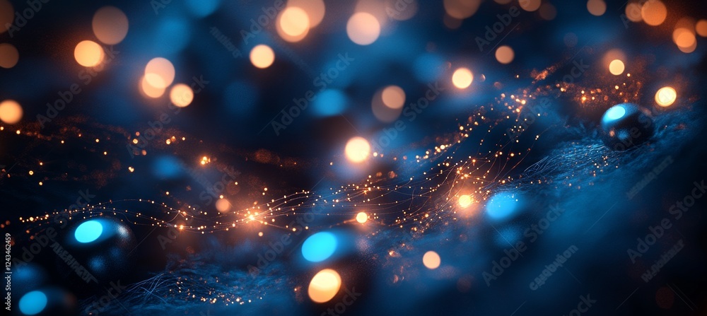 Poster abstract blue network with glowing nodes and bokeh lights, representing connections and technology