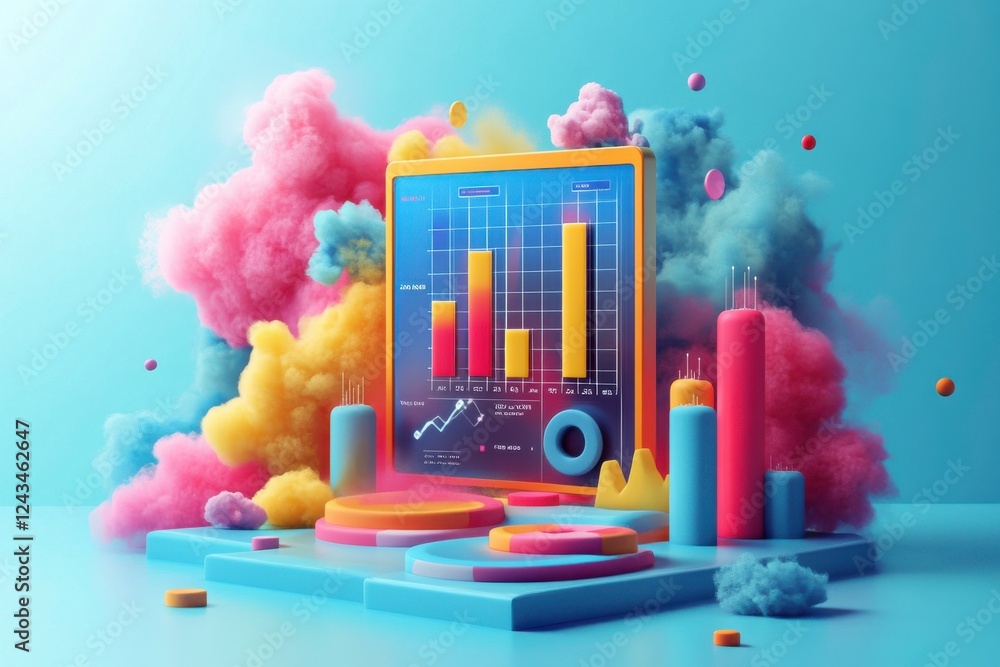 Poster a colorful 3d representation of data visualization, featuring vibrant bars and charts amidst playful