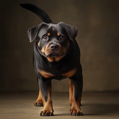 Obraz premium Rottweiler Stretching Its Front Legs Forward with Tail Raised