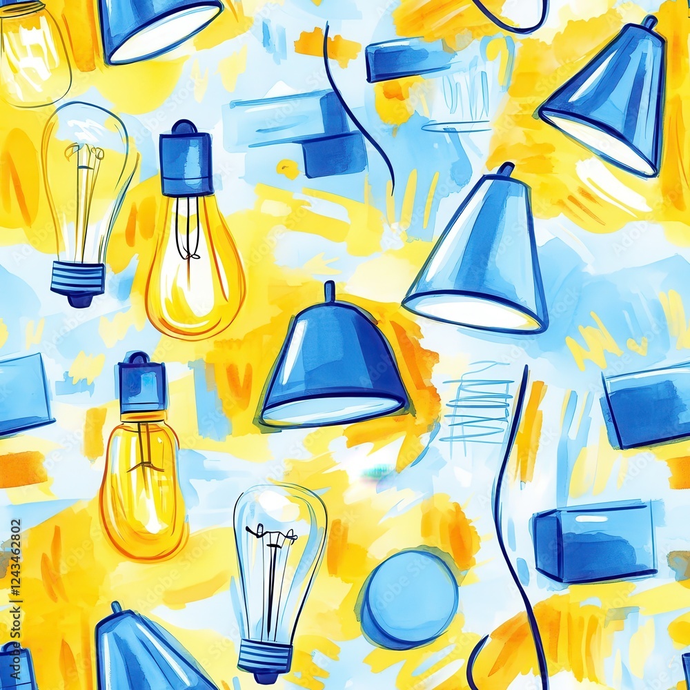 Poster bright and lively doodle watercolor showcasing various light sources and colorful patterns