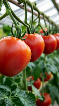 Fresh ripe tomatoes growing under sunlight in a greenhouse during mid-summer