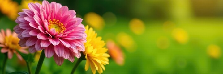 Obraz premium Pink and yellow Gerbera flowers in a garden with green grass, yellow, garden
