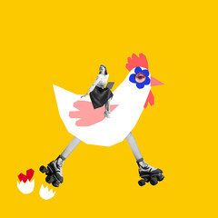 Internet speed. Young woman riding roller-skating chicken, playfully illustrating unpredictable,...