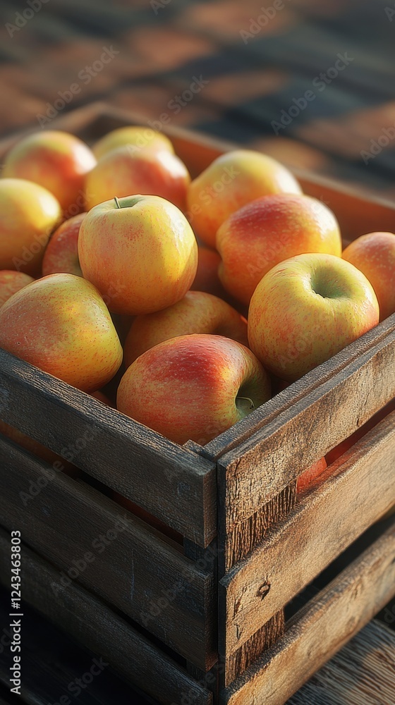 Poster close-up view of vibrant apples in a rustic wooden crate in natural light