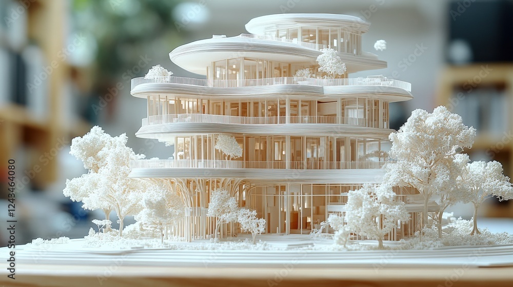 Poster architectural model showcasing a modern multi-level building surrounded by trees and natural light