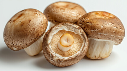 A close-up of sliced mushrooms revealing their inner structure, showcasing textures ideal for food and culinary arts white background