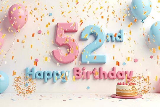 Animated 3D Happy 52nd Birthday background video in pastel theme with floating balloons, lit candles, fireworks, and confetti shower