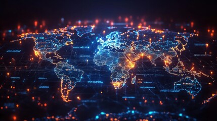 Obraz premium Abstract blue and purple network with glowing line and node. At center of frame the glowing line and node are a various of business icons connecting around the world.