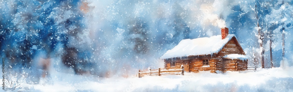 Poster cozy log cabin blends into a serene winter landscape with falling snow and trees in the background