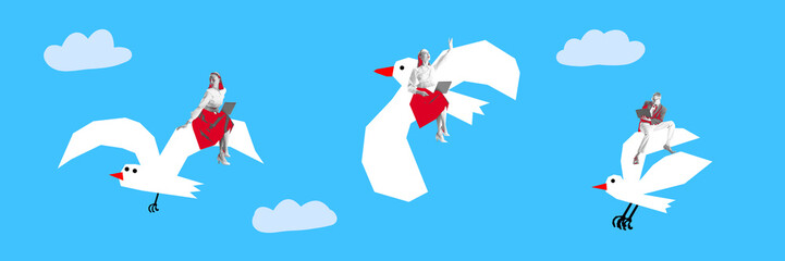 Cloud networking. Woman with laptop flying on abstract birds in sky. Borderless world of digital communication. Collage made with 2 models. Concept of online communication, networking, social media