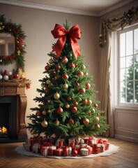 Spruce Christmas tree with a large bow and ornaments, evergreen, evergreen tree, coniferous