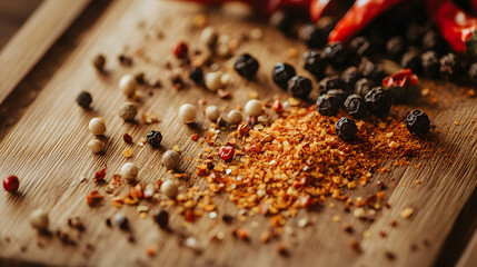 A close-up of red chili flakes and black peppercorns artistically arranged in a circular pattern on a flat surface, creating a stunning visual contrast.