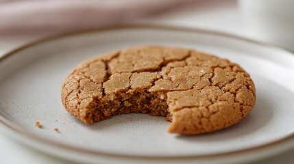 Fototapeta premium Single gingersnap cookie, bitten, on plate, light background, food photography