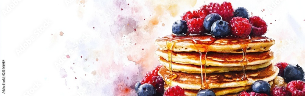 Poster Stack of delicious pancakes topped with fresh raspberries and blueberries drizzled with syrup in a vibrant watercolor style