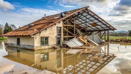 Waterlogged structure in Emilia Romagna with collapsed roof and shattered windows, modern structure, emilia romagna