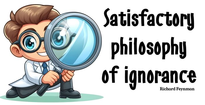 Funny illustration of scientist magnifying glass magnifier text , Satisfactory philosophy of ignorance, Richard Feynman quote sentence phrase saying 