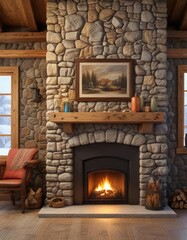 Stone fireplace with a large wooden cabin door as a background, rustic, warm