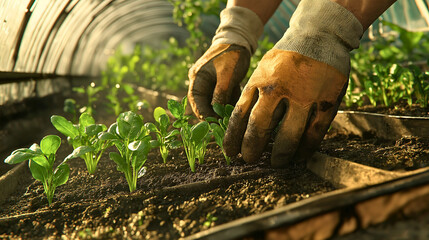  a farmer wearing gloves, carefully planting seedlings inside a greenhouse. The farmer’s hands are gently placing the young plants into prepared soil,