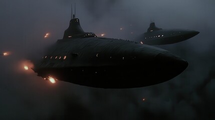 Obraz premium Dark, mysterious submarines navigate underwater, emitting lights and smoke, creating an intriguing, cinematic atmosphere.
