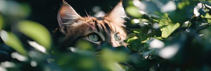 Obraz premium Tabby Cat Partially Obscured by Green Foliage