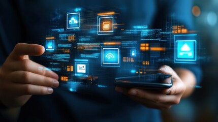 modern business and technology theme. Blurred background with people. A sleek, simple and sleek holograms emerge, showcasing technology icons and networking