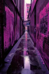 Fototapeta premium Purple alleyway reflection, urban grunge, city backdrop, moody atmosphere, graphic design